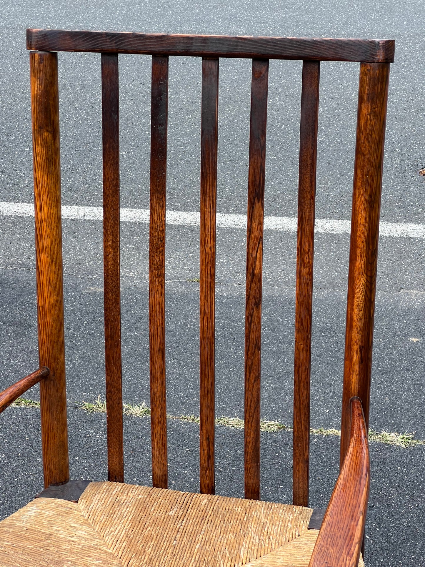 Antique Edwardian Oak Elbow Chair with Rush Seat c. 1910