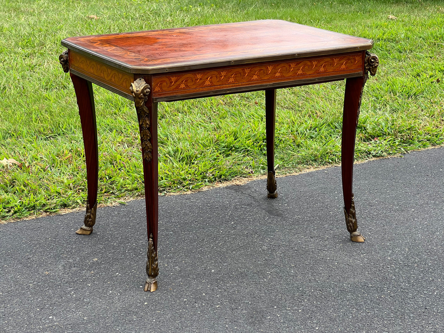 Louis XV/XVI Style Ormolu Marquetry Inlaid Occasional Table with Rams Head and Rams Hoof Mountings