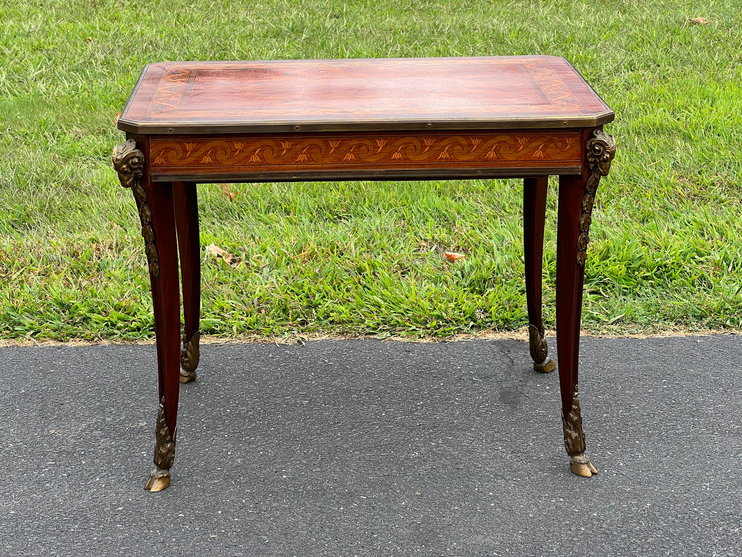 Louis XV/XVI Style Ormolu Marquetry Inlaid Occasional Table with Rams Head and Rams Hoof Mountings