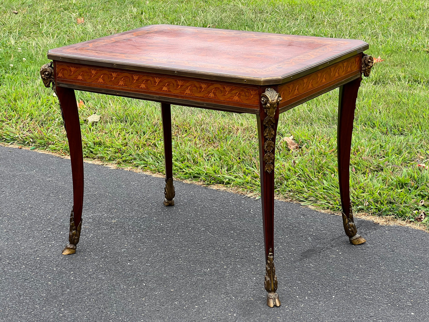 Louis XV/XVI Style Ormolu Marquetry Inlaid Occasional Table with Rams Head and Rams Hoof Mountings