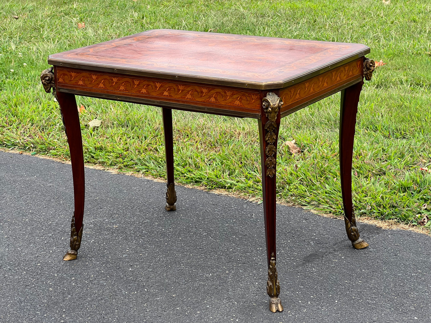 Louis XV/XVI Style Ormolu Marquetry Inlaid Occasional Table with Rams Head and Rams Hoof Mountings