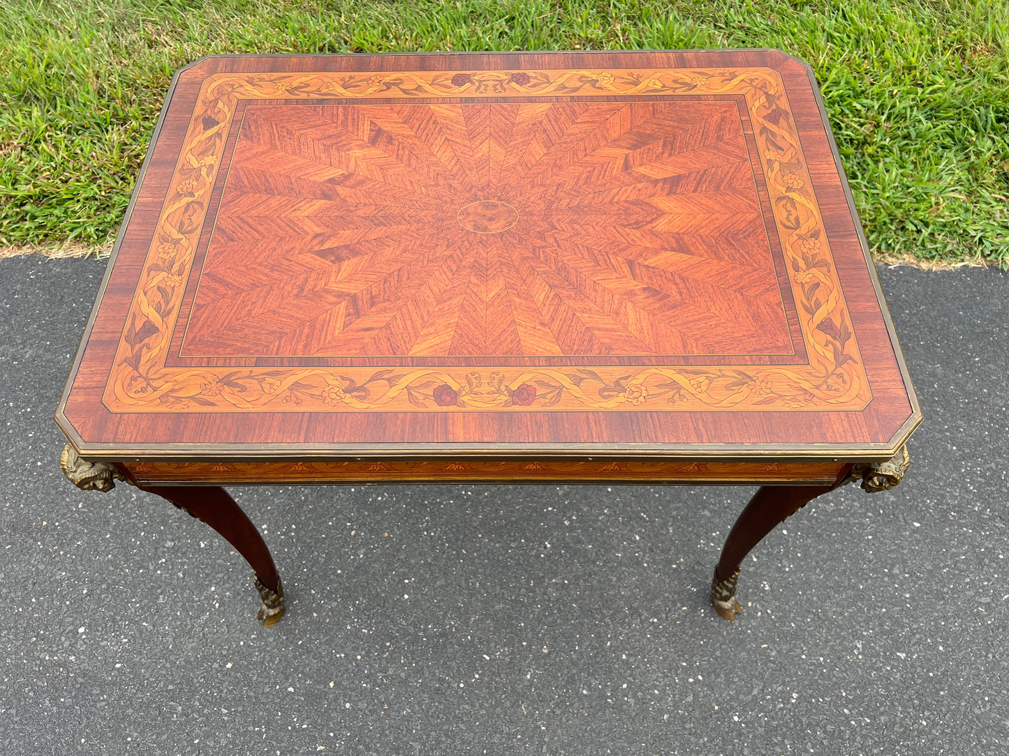 Louis XV/XVI Style Ormolu Marquetry Inlaid Occasional Table with Rams Head and Rams Hoof Mountings