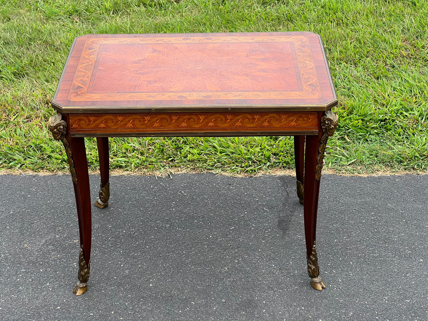 Louis XV/XVI Style Ormolu Marquetry Inlaid Occasional Table with Rams Head and Rams Hoof Mountings