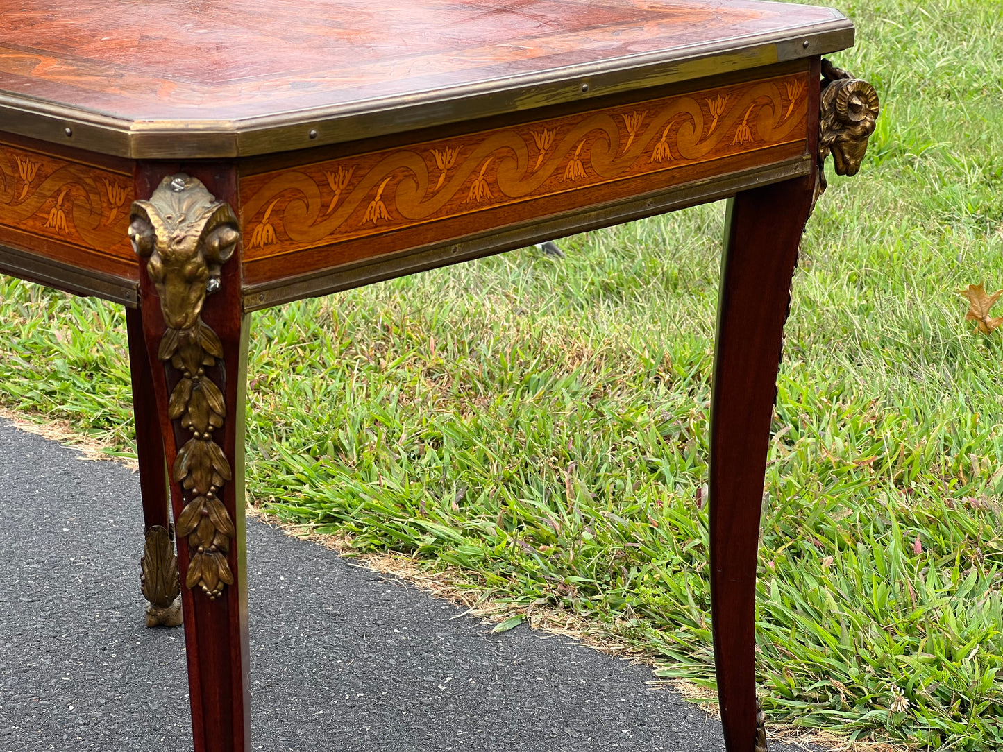 Louis XV/XVI Style Ormolu Marquetry Inlaid Occasional Table with Rams Head and Rams Hoof Mountings