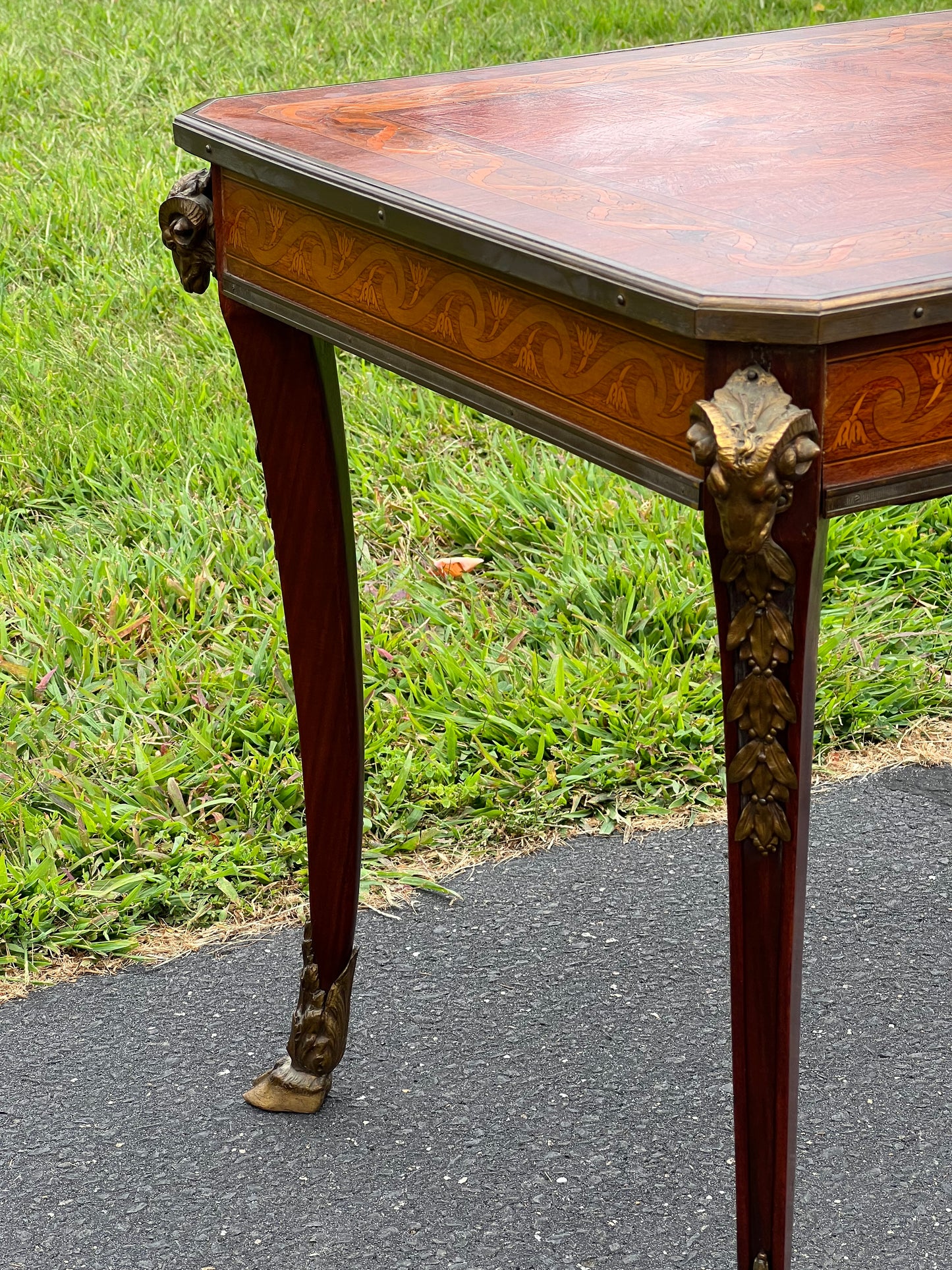 Louis XV/XVI Style Ormolu Marquetry Inlaid Occasional Table with Rams Head and Rams Hoof Mountings