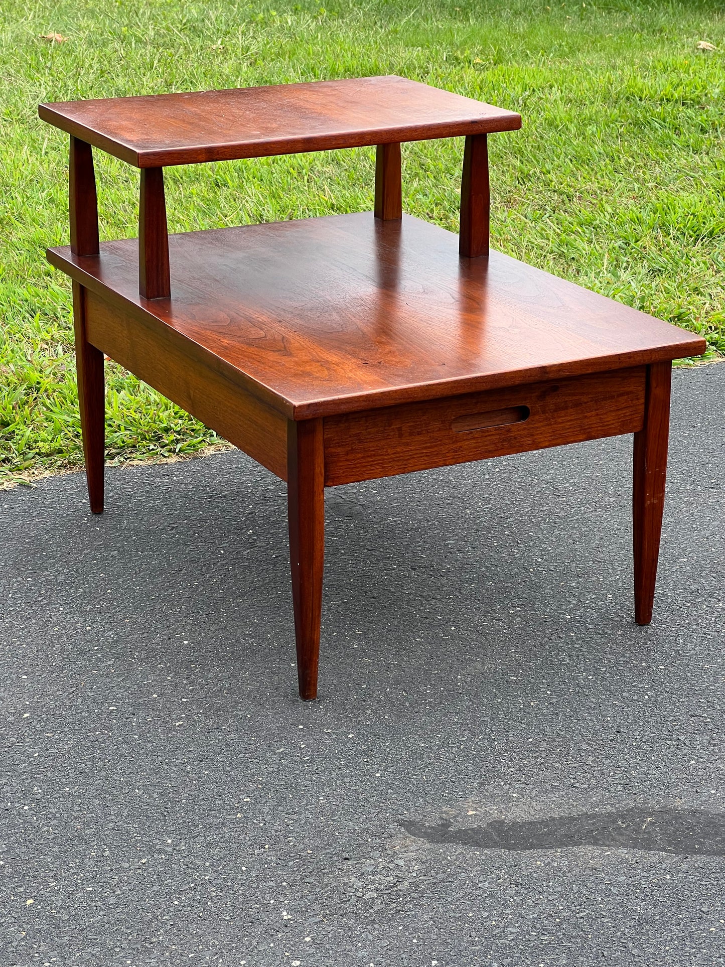 Vintage Mid-Century Modern Walnut Two Tiered End Table with Single Drawer