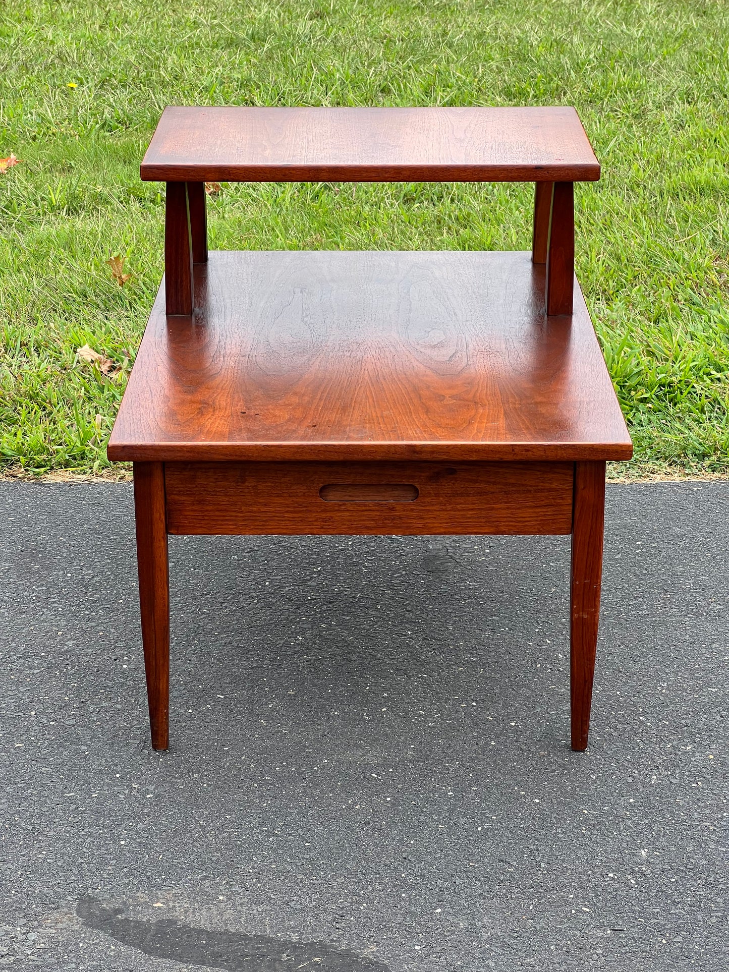 Vintage Mid-Century Modern Walnut Two Tiered End Table with Single Drawer