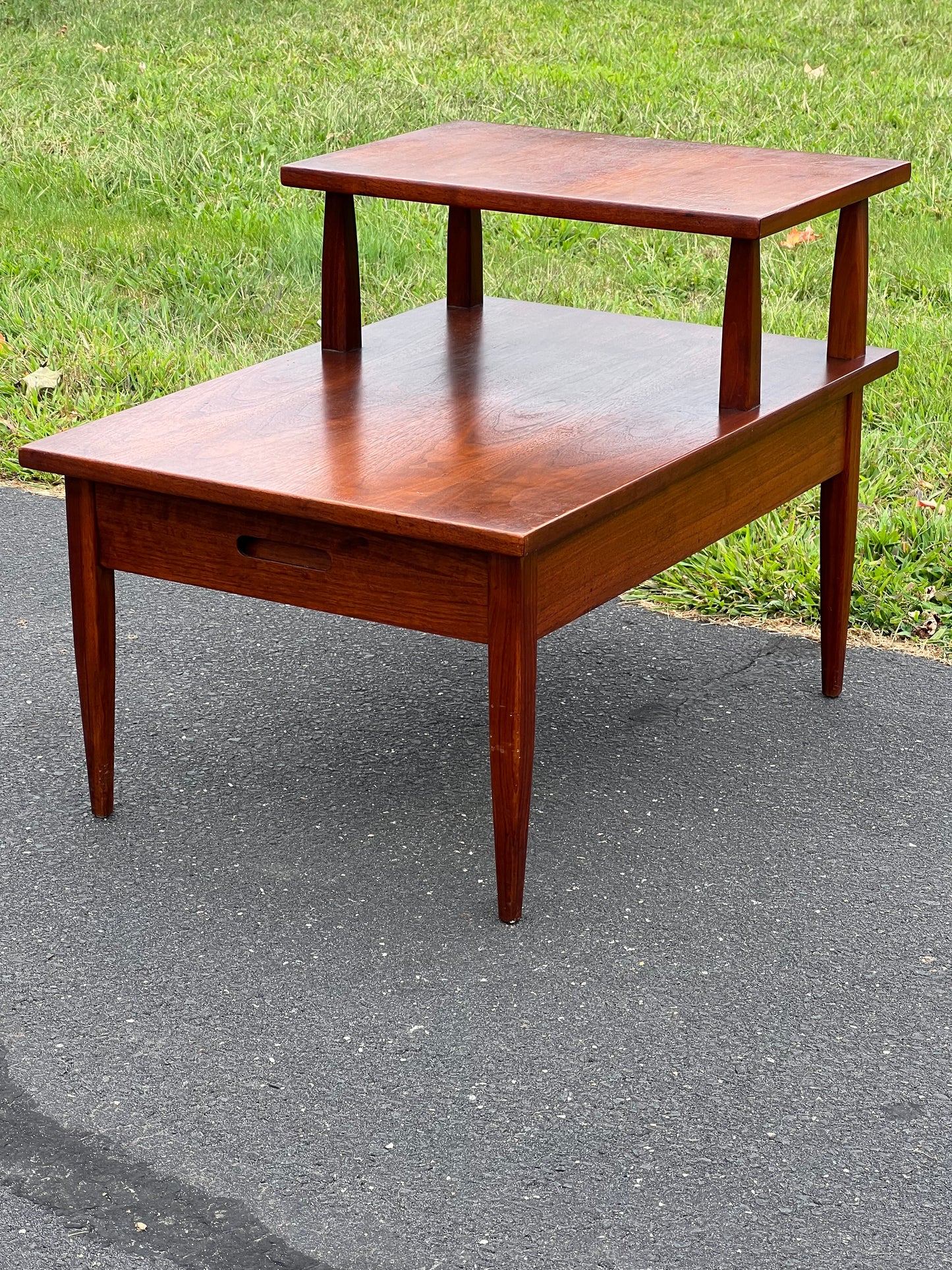 Vintage Mid-Century Modern Walnut Two Tiered End Table with Single Drawer