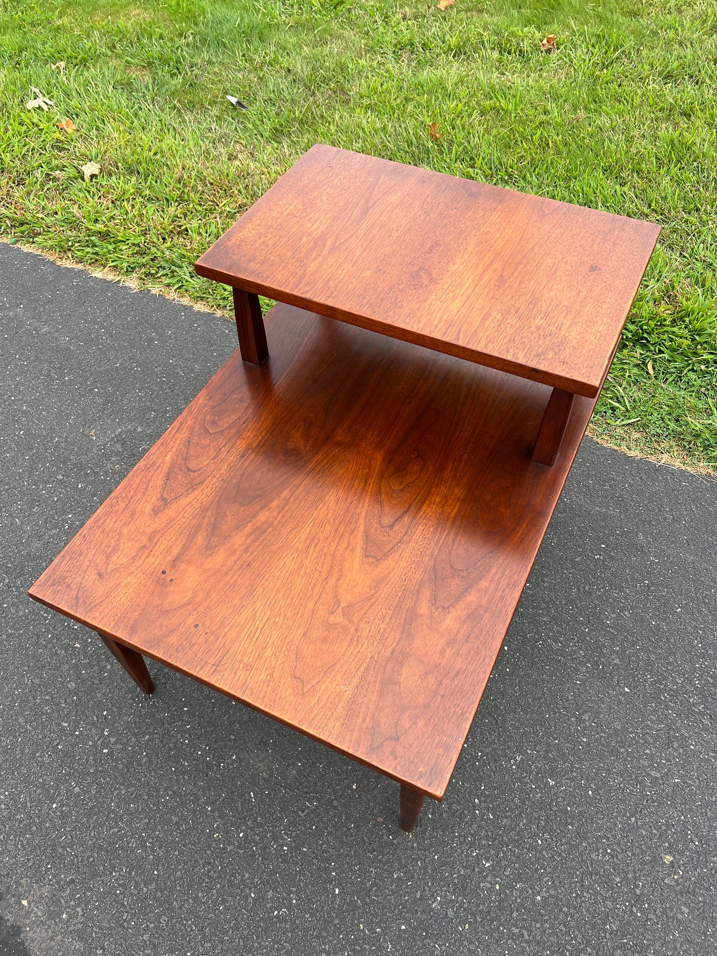 Vintage Mid-Century Modern Walnut Two Tiered End Table with Single Drawer