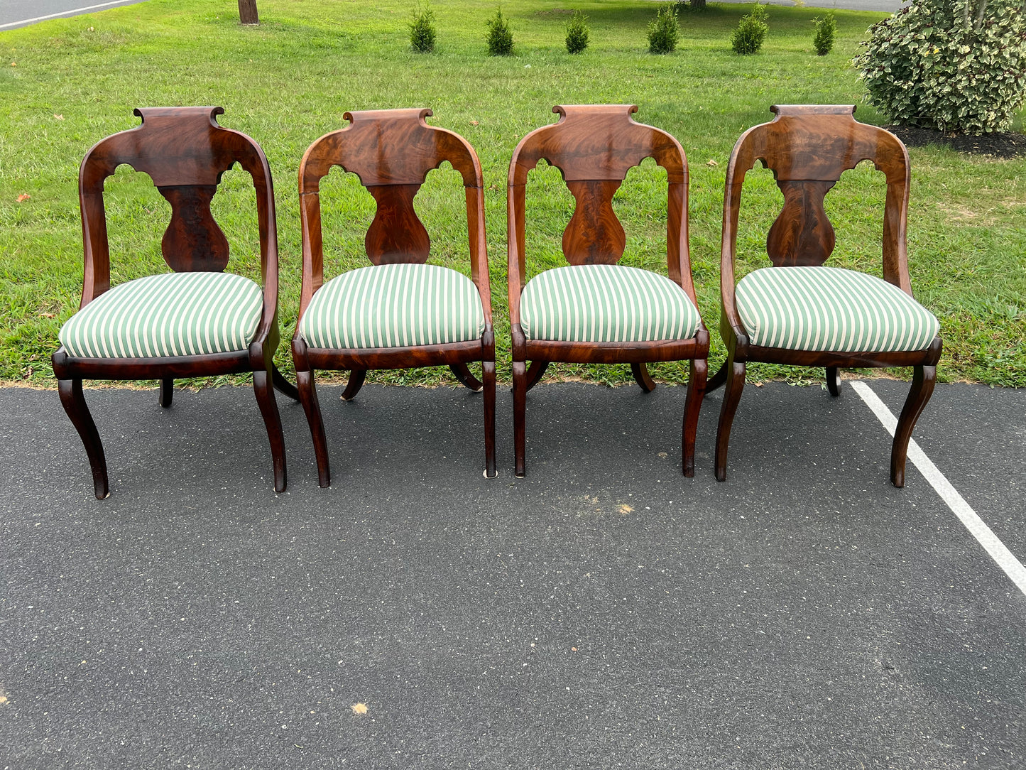 Antique Suite of Four Saber Leg Flame Mahogany Chairs c. 1830