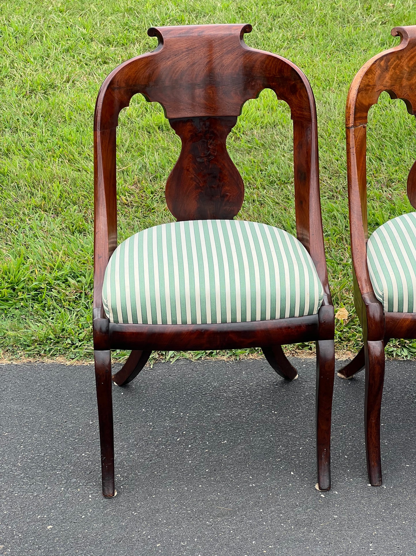 Antique Suite of Four Saber Leg Flame Mahogany Chairs c. 1830