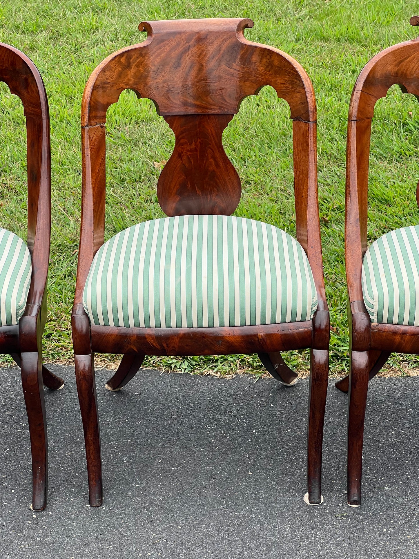 Antique Suite of Four Saber Leg Flame Mahogany Chairs c. 1830