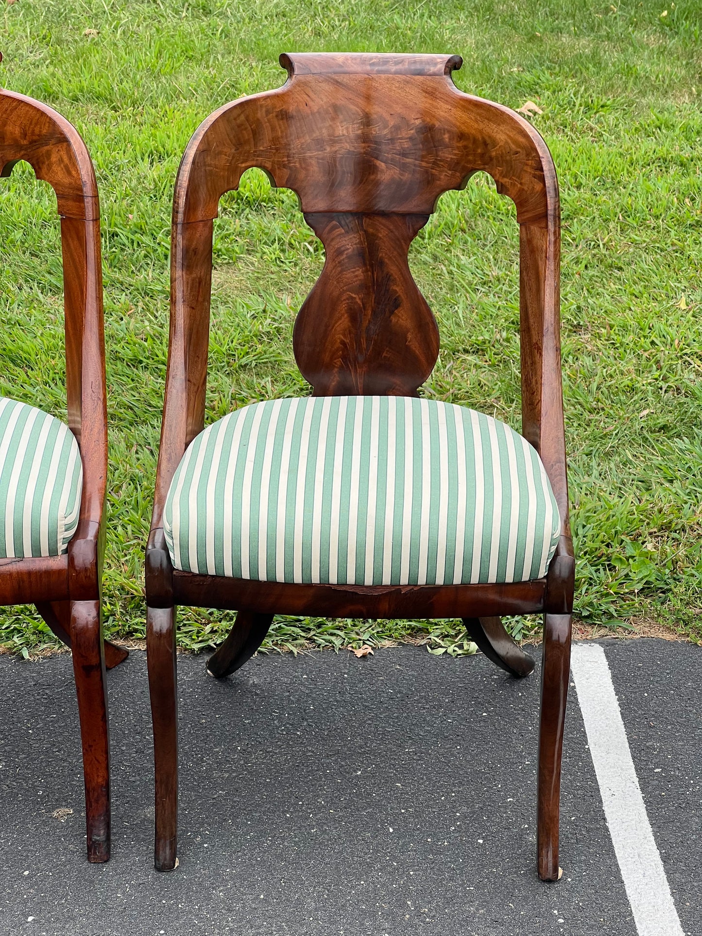 Antique Suite of Four Saber Leg Flame Mahogany Chairs c. 1830