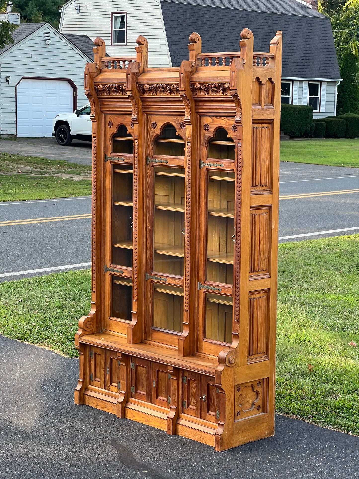 Antique Monumental Eastlake Victorian Chestnut Glass Door Bookcase