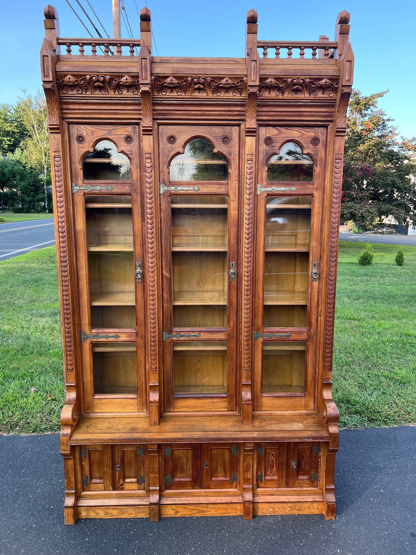 Antique Monumental Eastlake Victorian Chestnut Glass Door Bookcase