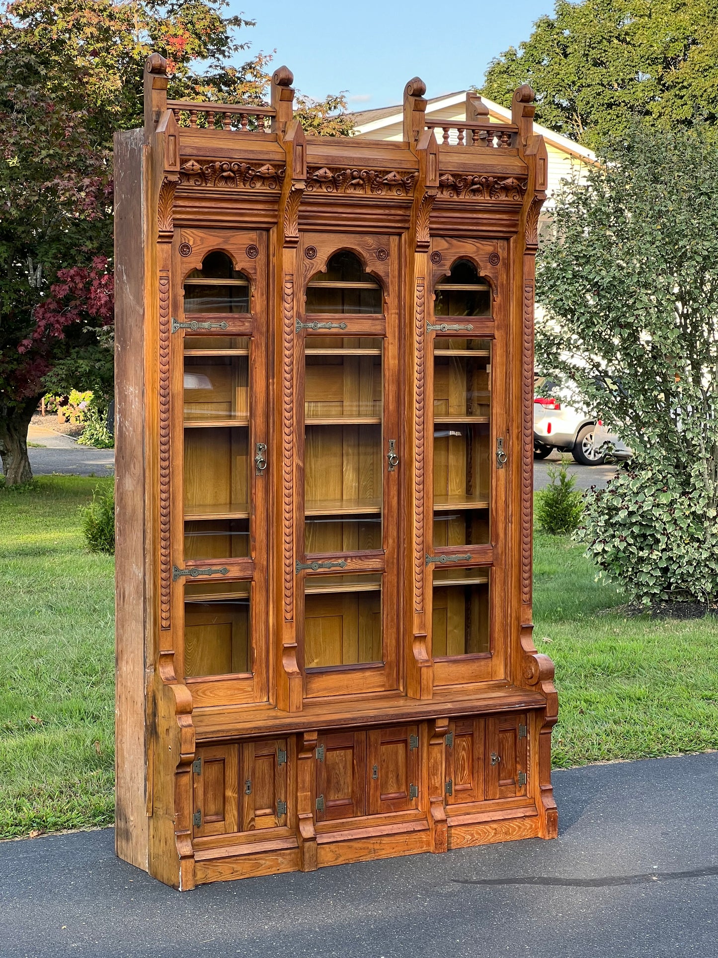 Antique Monumental Eastlake Victorian Chestnut Glass Door Bookcase