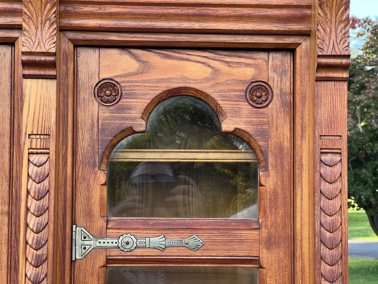 Antique Monumental Eastlake Victorian Chestnut Glass Door Bookcase