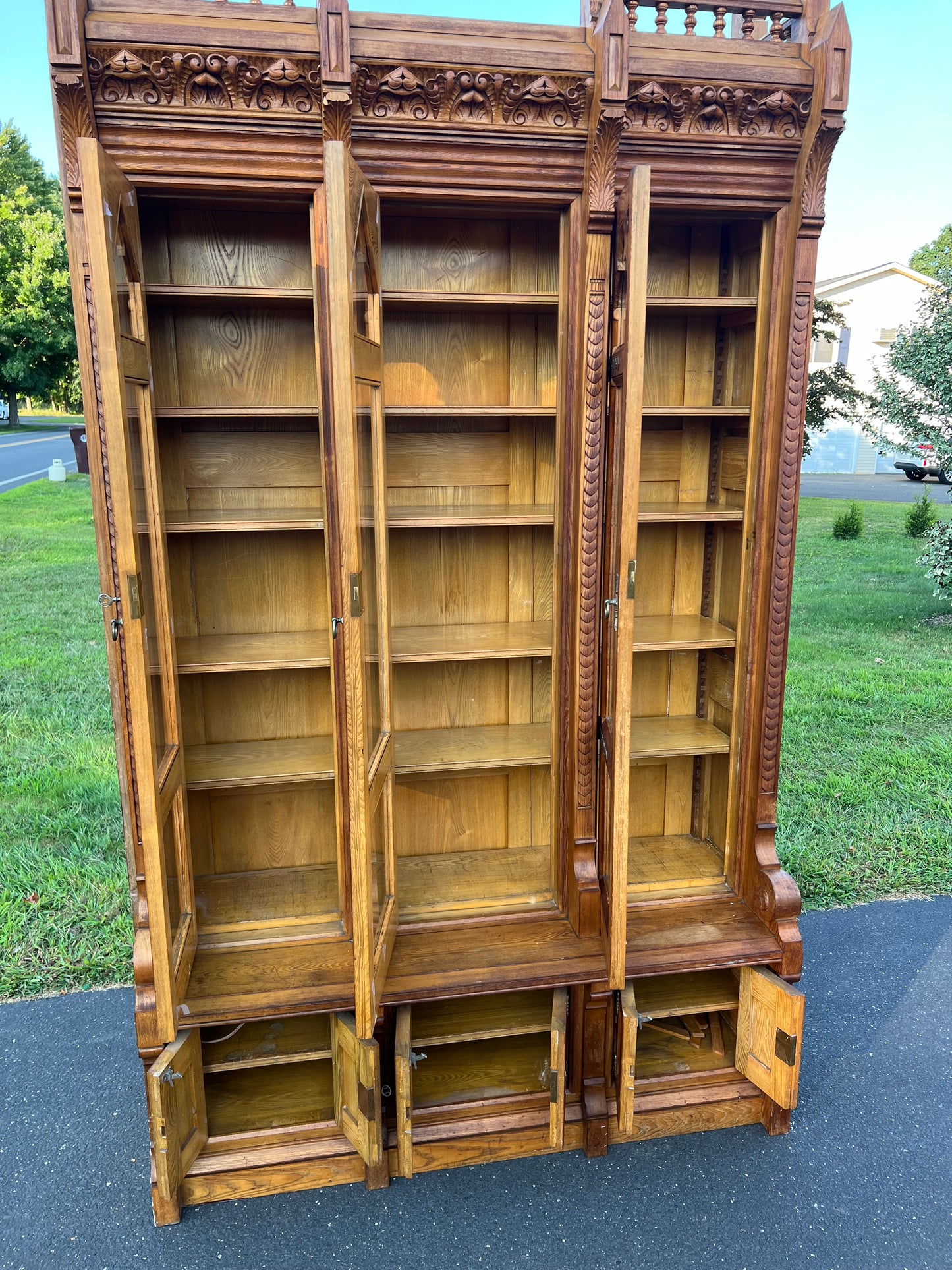 Antique Monumental Eastlake Victorian Chestnut Glass Door Bookcase