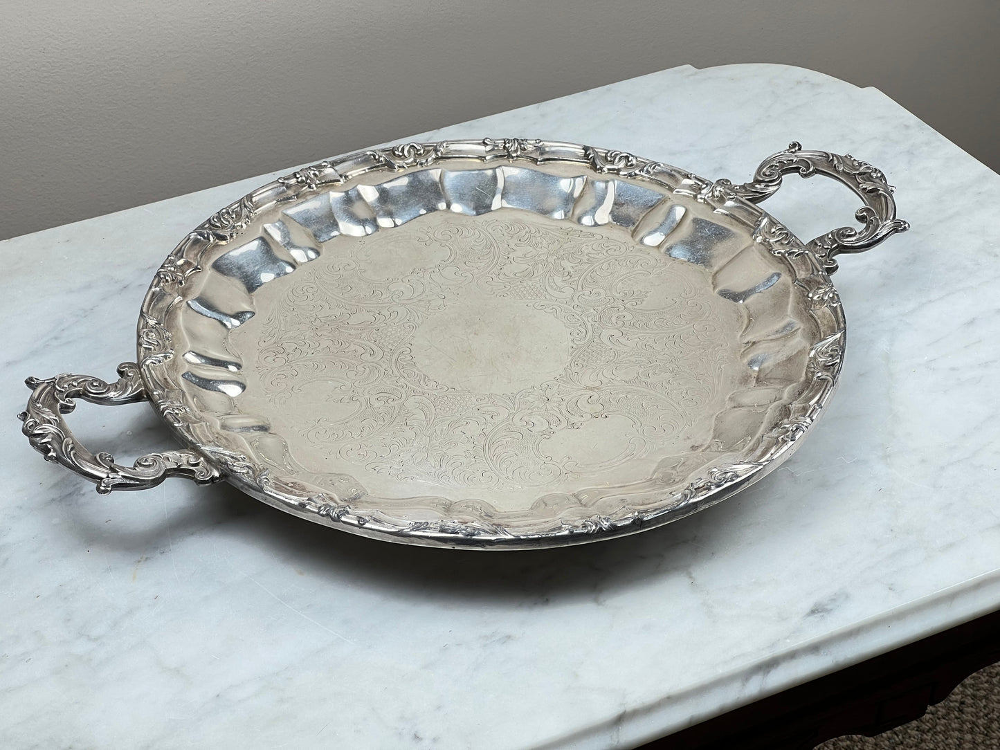 Antique Silver on Copper Handled Serving Tray