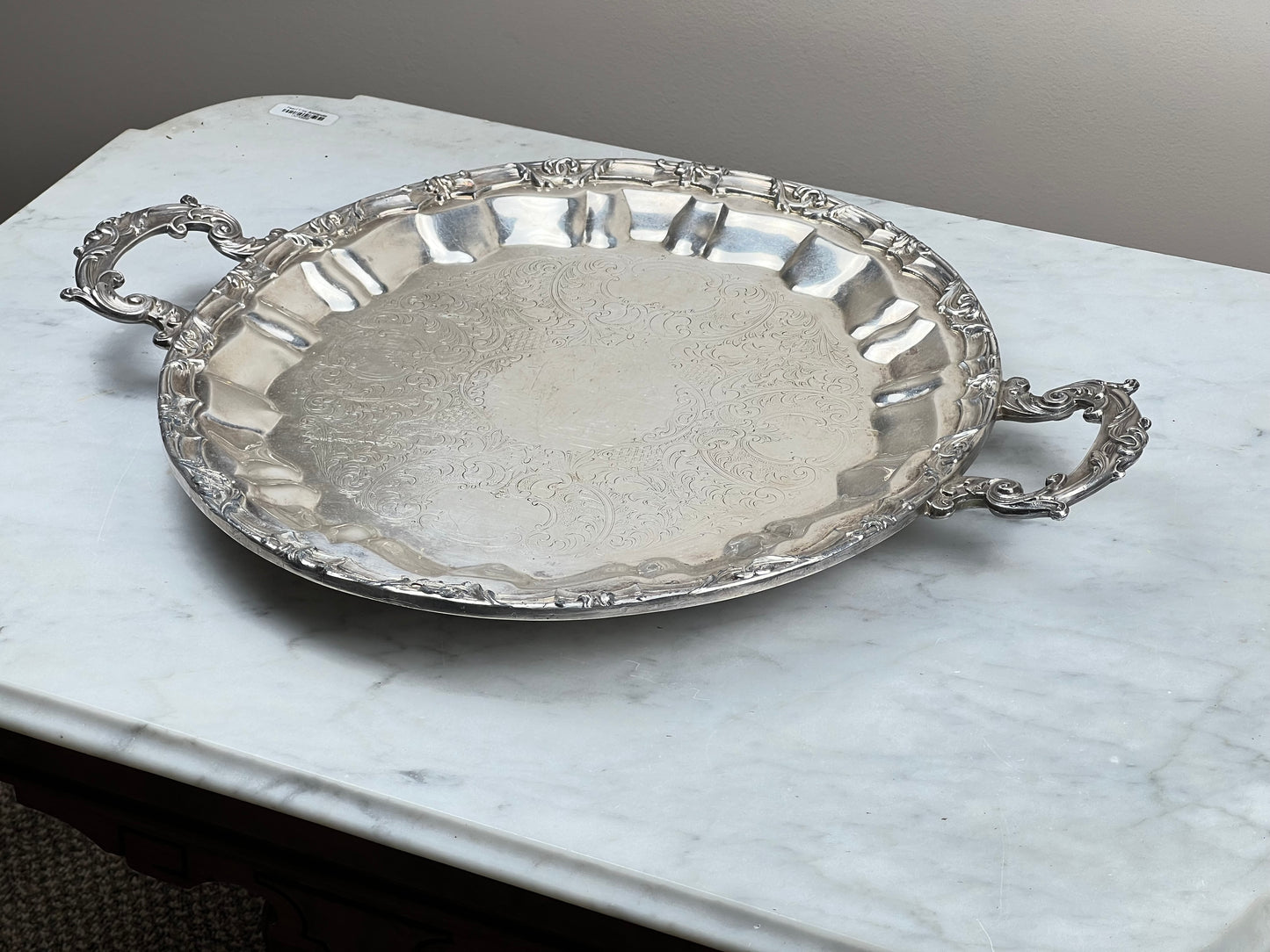 Antique Silver on Copper Handled Serving Tray