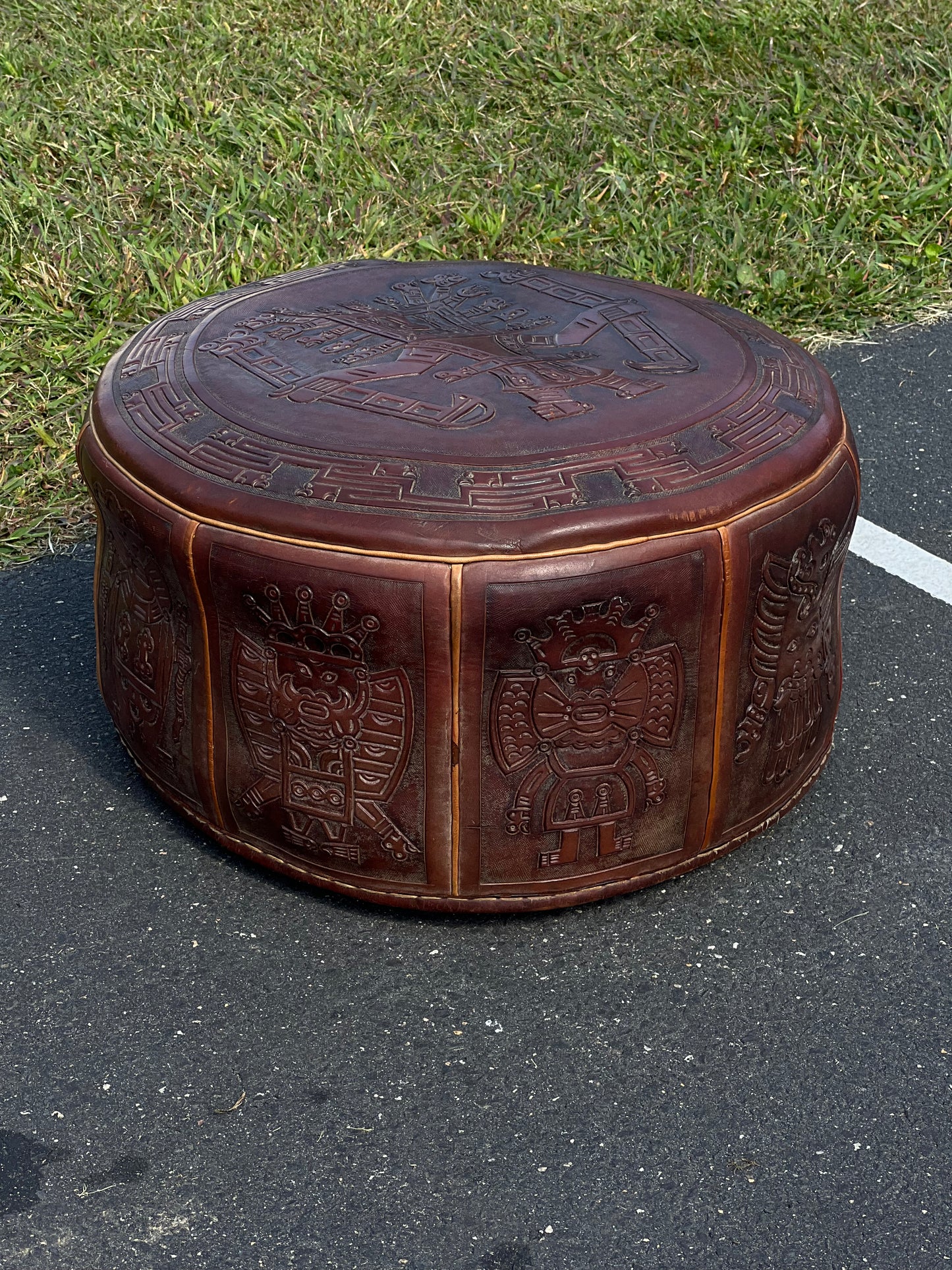 Mid-Century Angel Pazmino Tooled Leather Ottoman for Muebles de Estilo, Ecuador c. 1960s