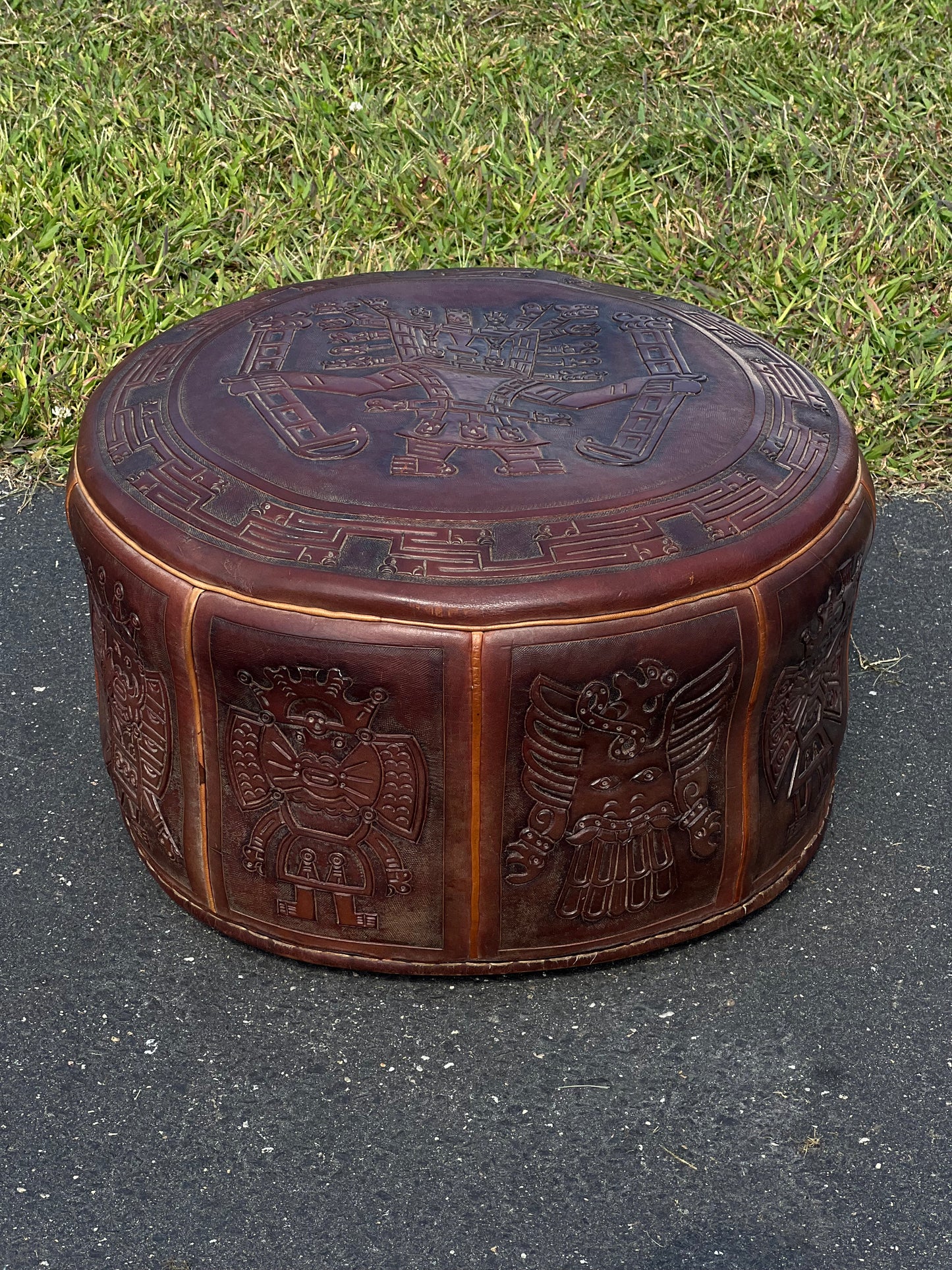 Mid-Century Angel Pazmino Tooled Leather Ottoman for Muebles de Estilo, Ecuador c. 1960s