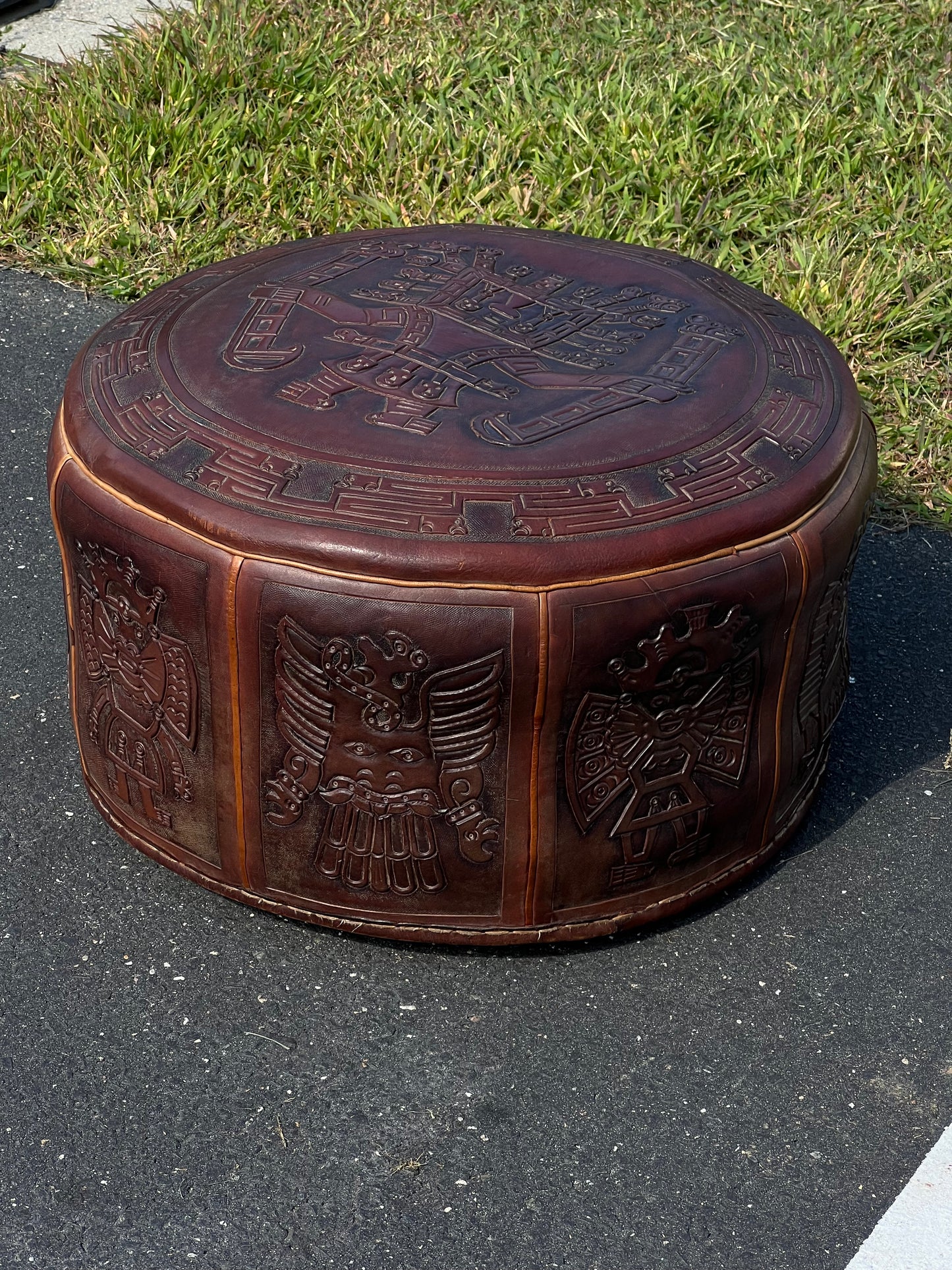 Mid-Century Angel Pazmino Tooled Leather Ottoman for Muebles de Estilo, Ecuador c. 1960s