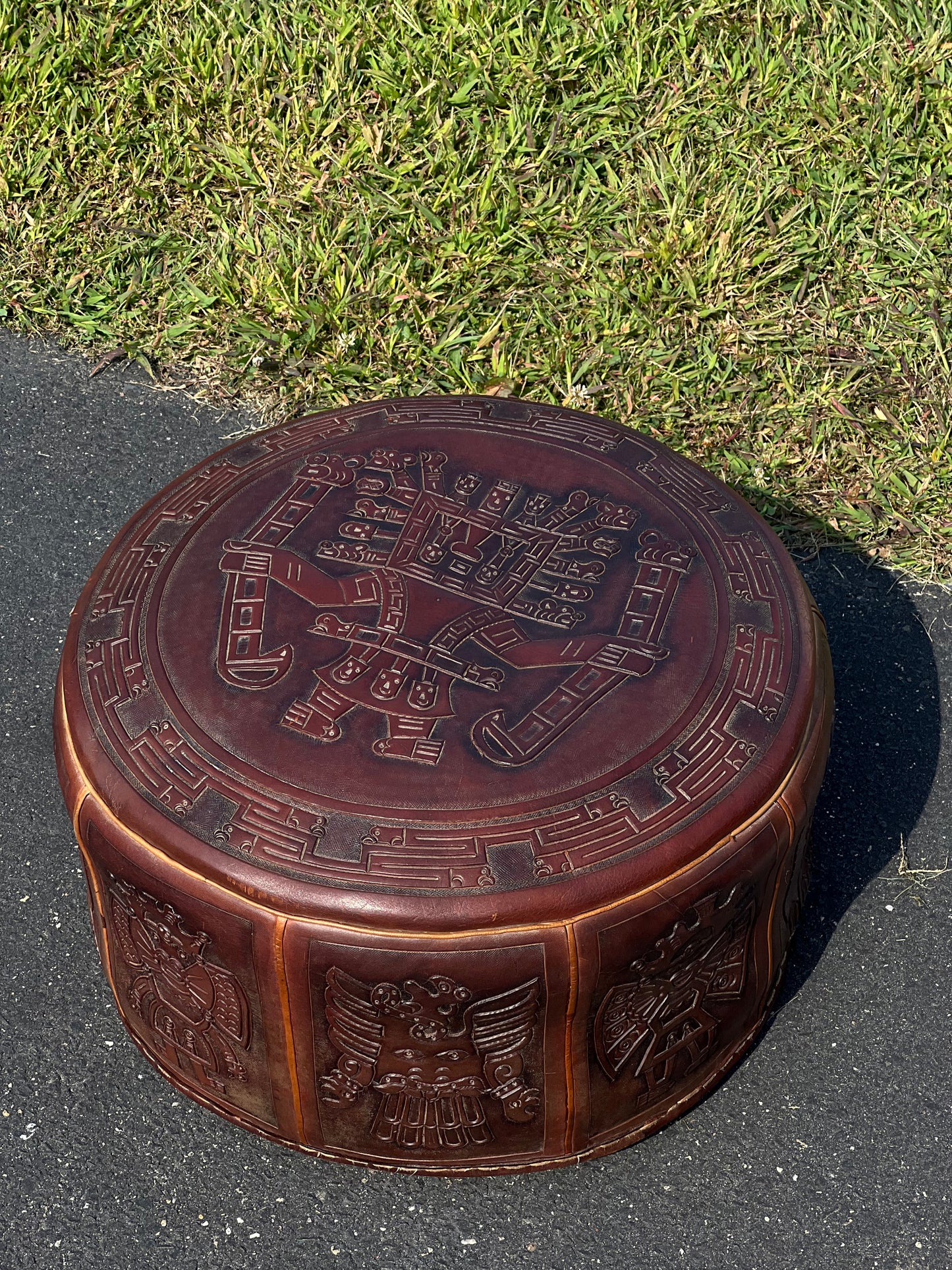 Mid-Century Angel Pazmino Tooled Leather Ottoman for Muebles de Estilo, Ecuador c. 1960s