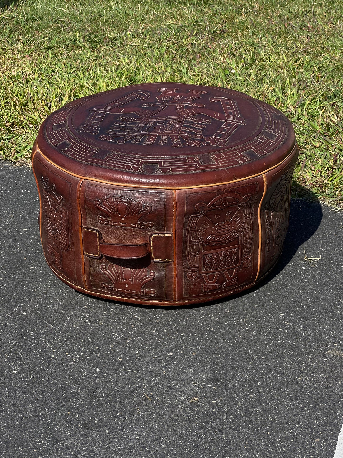 Mid-Century Angel Pazmino Tooled Leather Ottoman for Muebles de Estilo, Ecuador c. 1960s