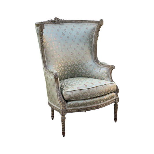 Antique Louis XVI Style Bergere Chair in Pale Silk