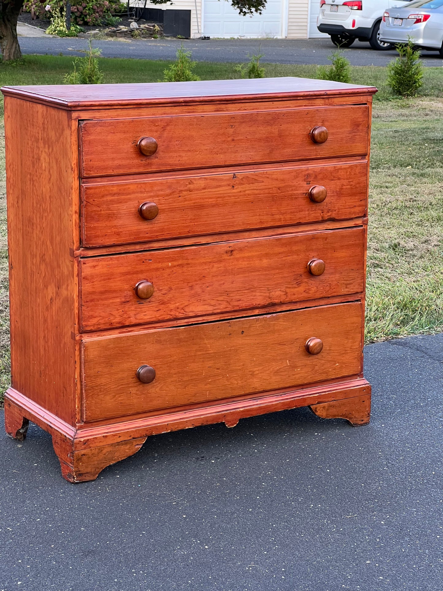 Antique Pine Chippendale Chest on Bracket Base with Double Drawer Dated 1808