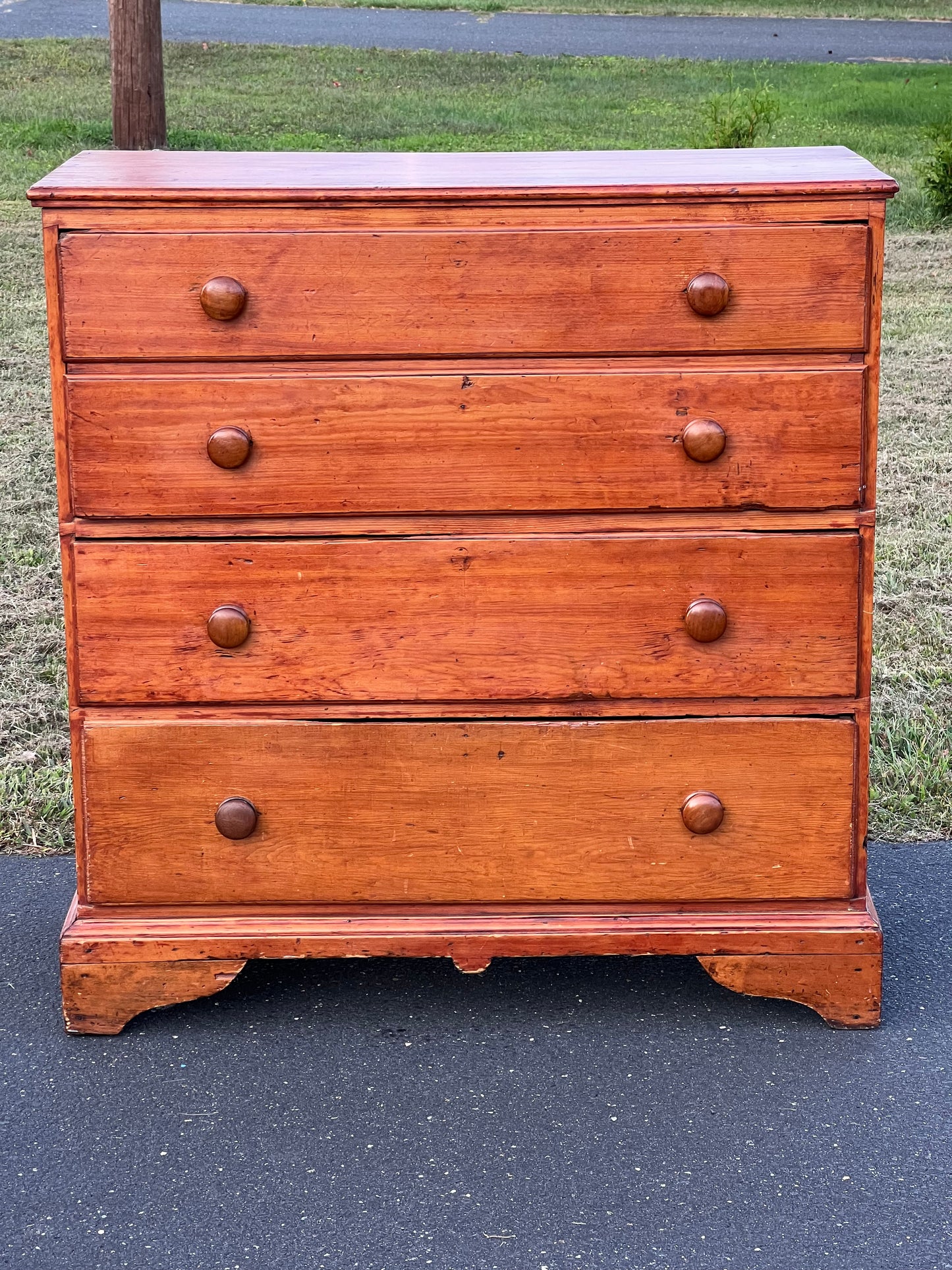 Antique Pine Chippendale Chest on Bracket Base with Double Drawer Dated 1808