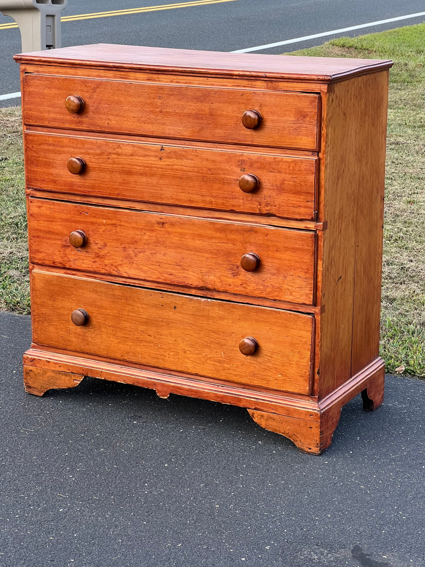 Antique Pine Chippendale Chest on Bracket Base with Double Drawer Dated 1808