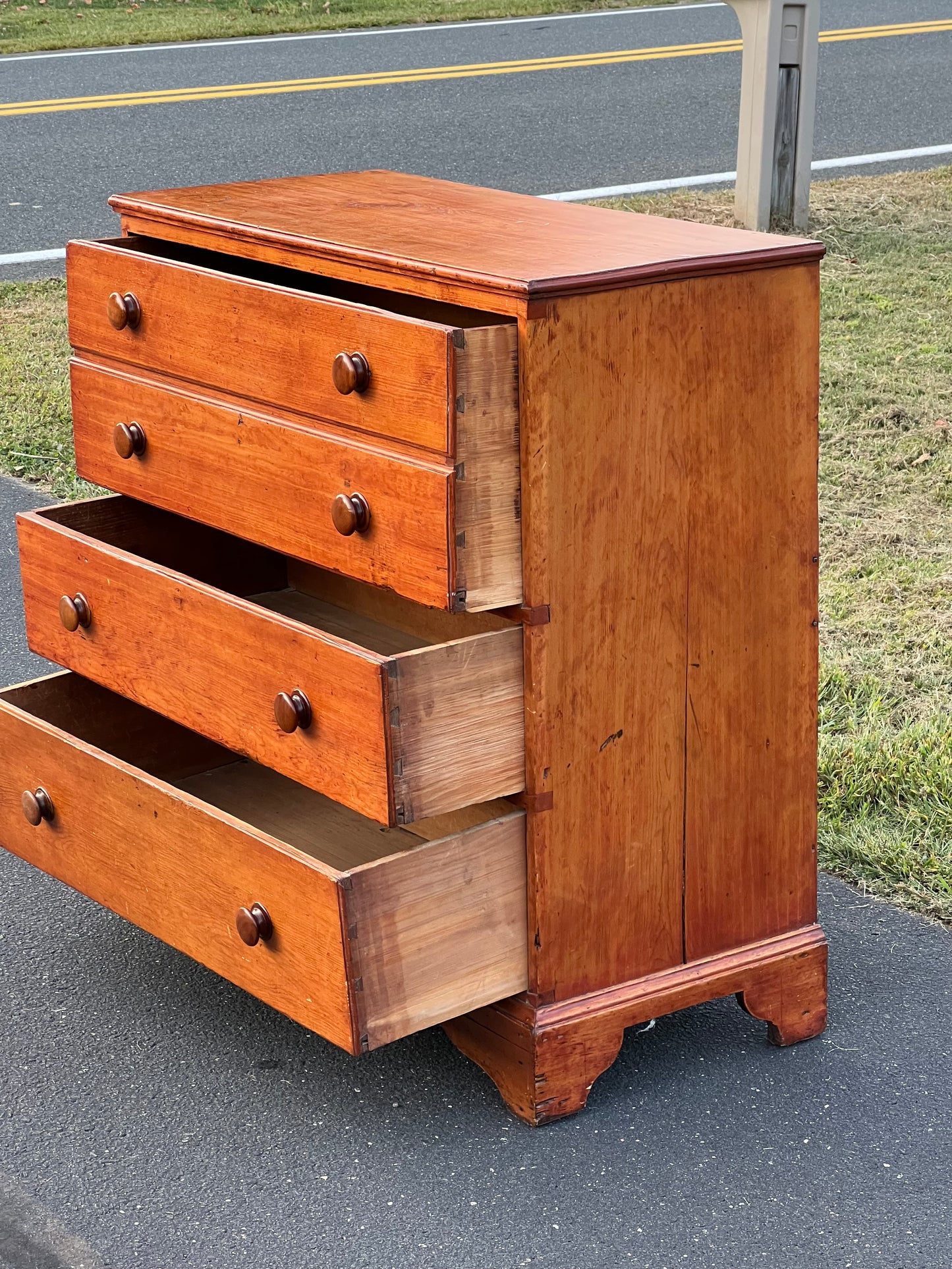 Antique Pine Chippendale Chest on Bracket Base with Double Drawer Dated 1808