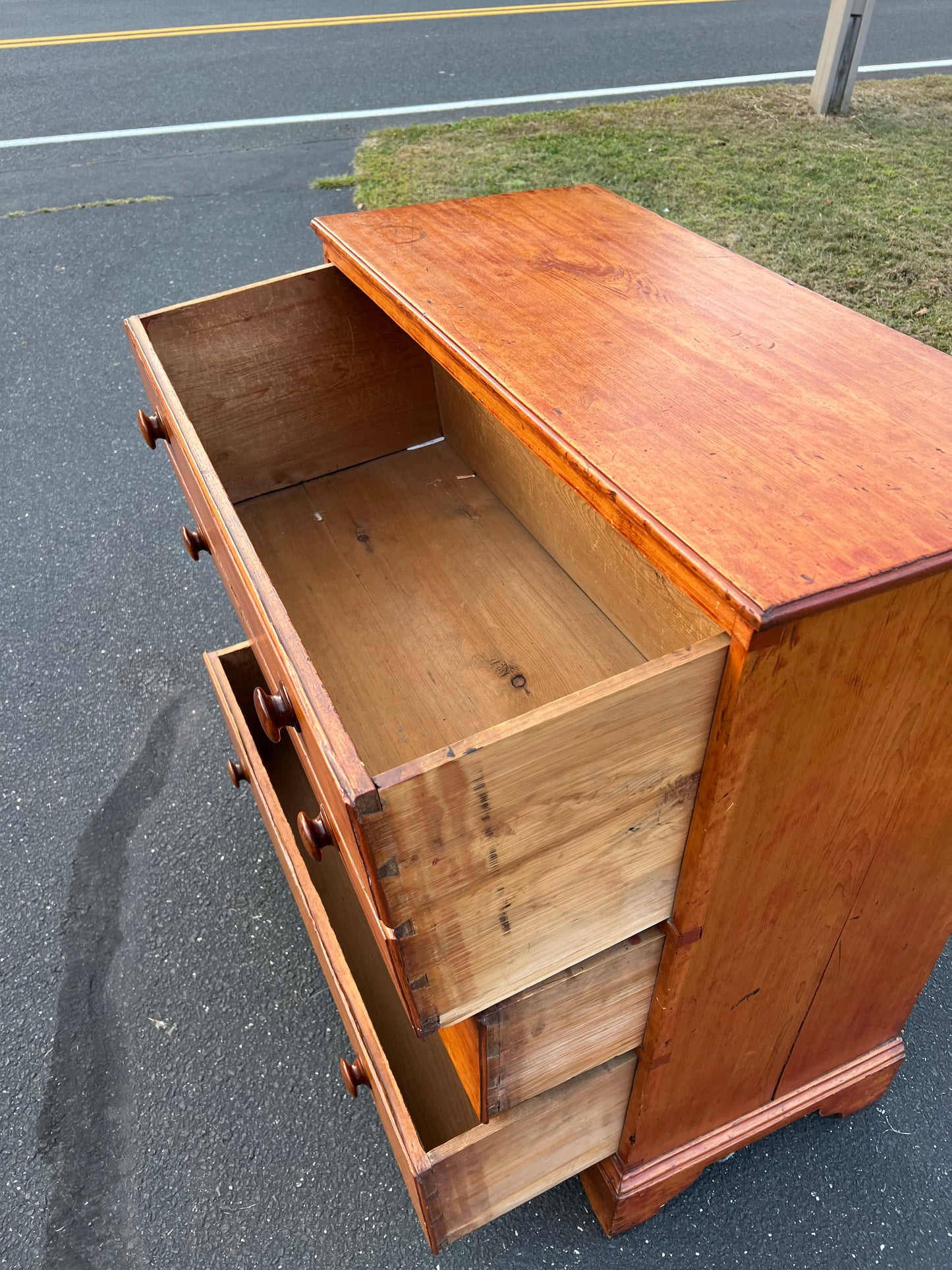 Antique Pine Chippendale Chest on Bracket Base with Double Drawer Dated 1808