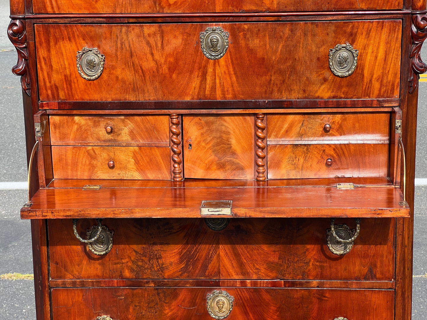 Fine Antique French Napoleon III Six Drawer Mahogany Chest with Butlers Secretary c. Mid 1800s