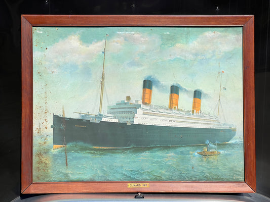 The Antique Albert F. Bishop Lithograph on Tin "Berengaria, Cunard Line" c. 1924, offered by Pearl City Antiques, features Berengaria with three smokestacks at sea and a tugboat, set in its original frame labeled CUNARD LINE.