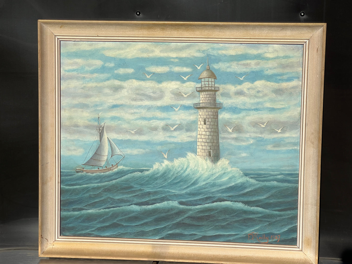 Oil on Board Painting of Lighthouse Seascape by Frank Joseph Reilly c.1927