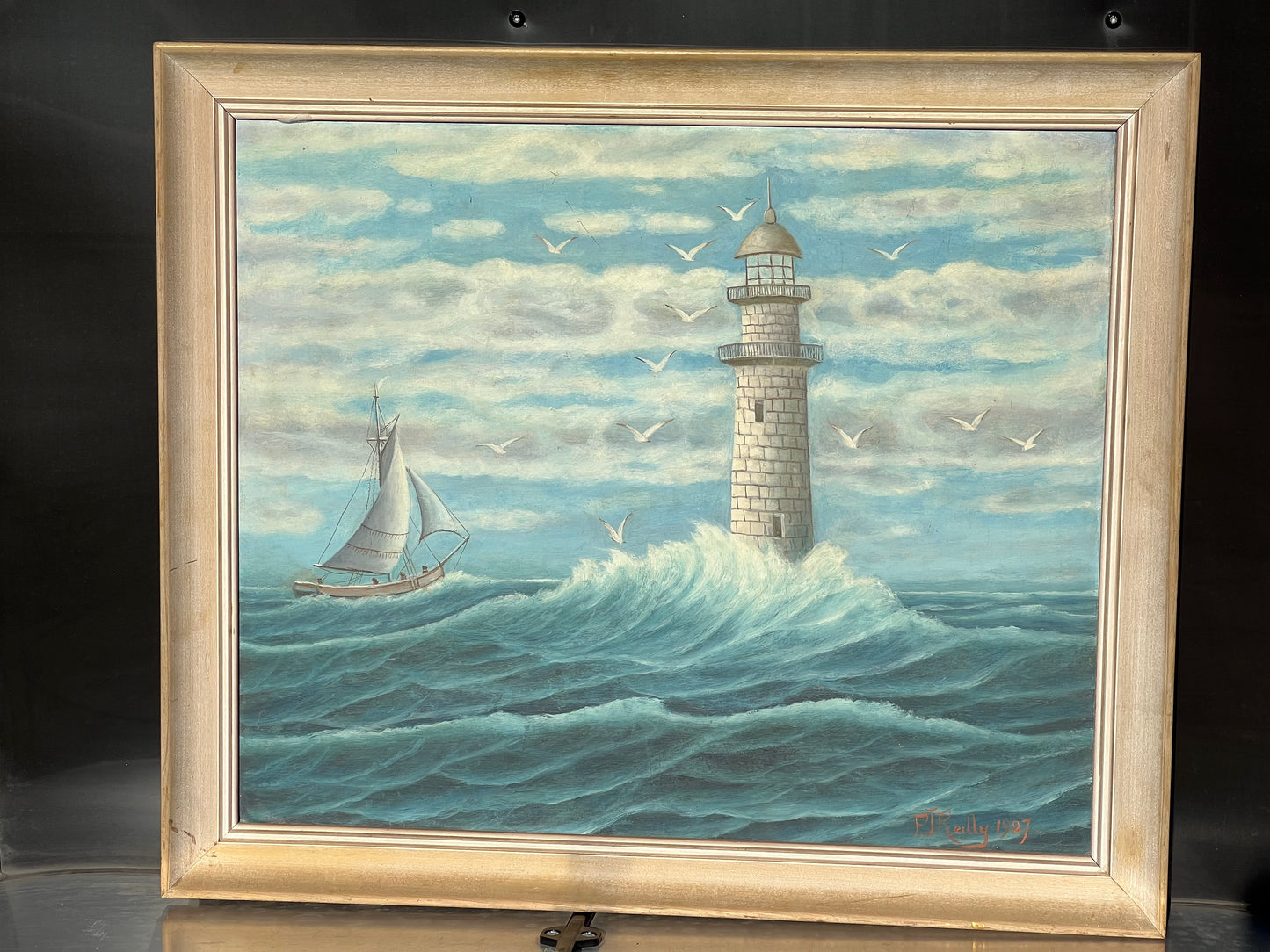 Oil on Board Painting of Lighthouse Seascape by Frank Joseph Reilly c.1927