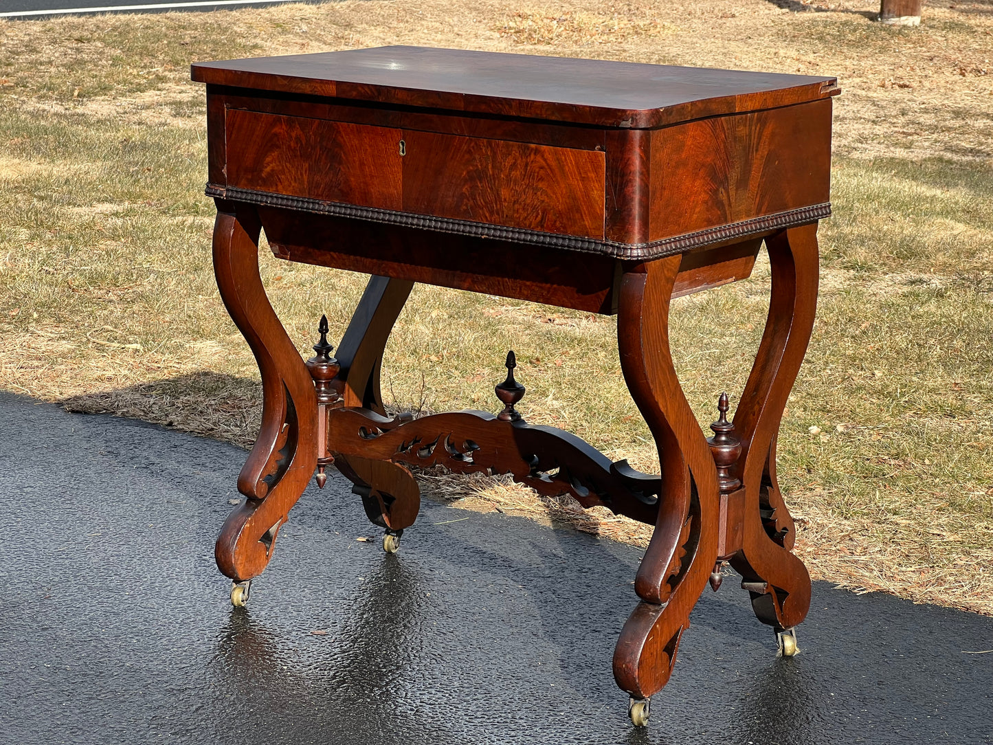 Antique Victorian Mahogany Sow Belly Sewing Stand c. 1850