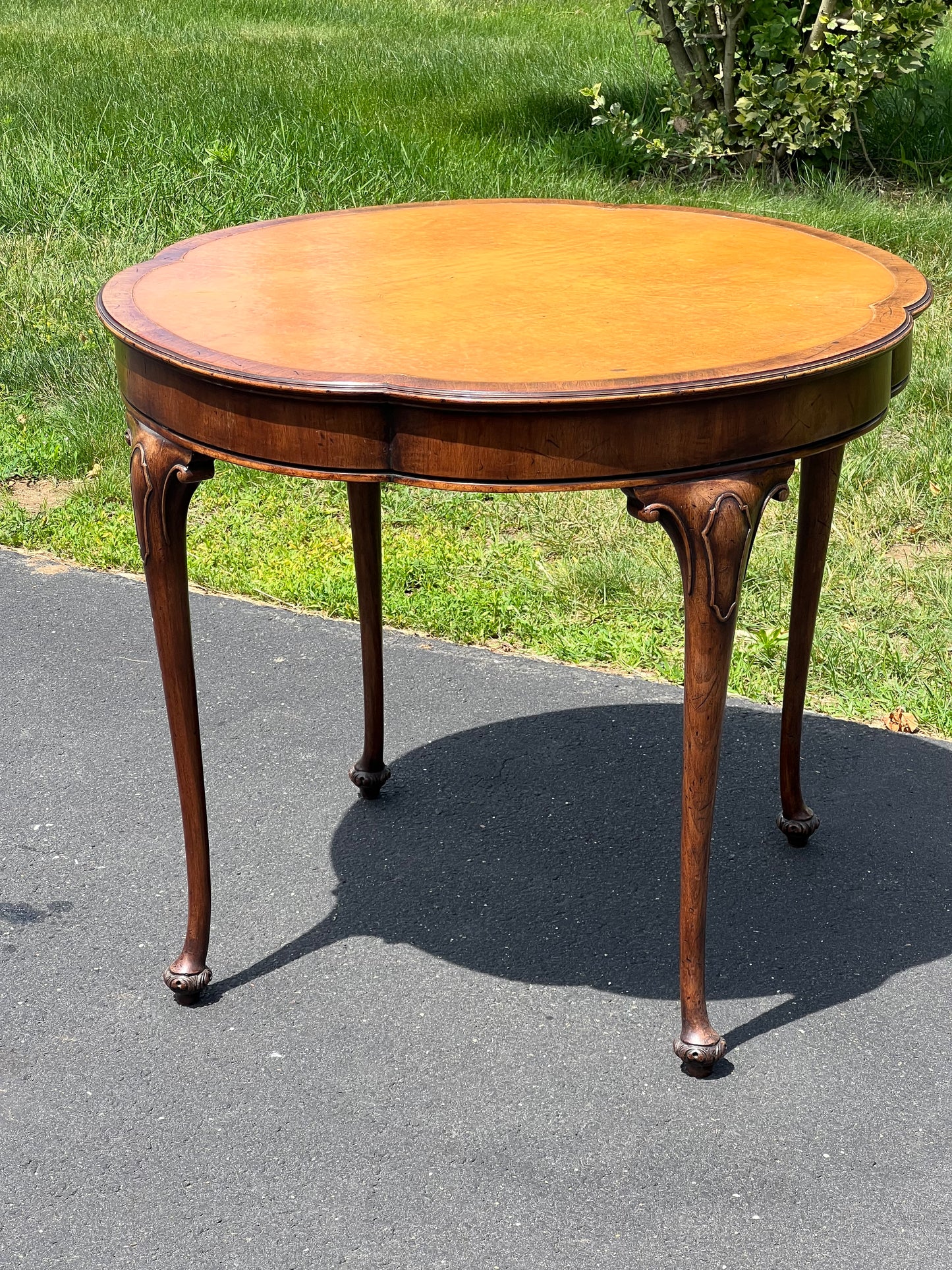 Antique Clover Shaped Queen Anne Mahogany Leather Top End Table