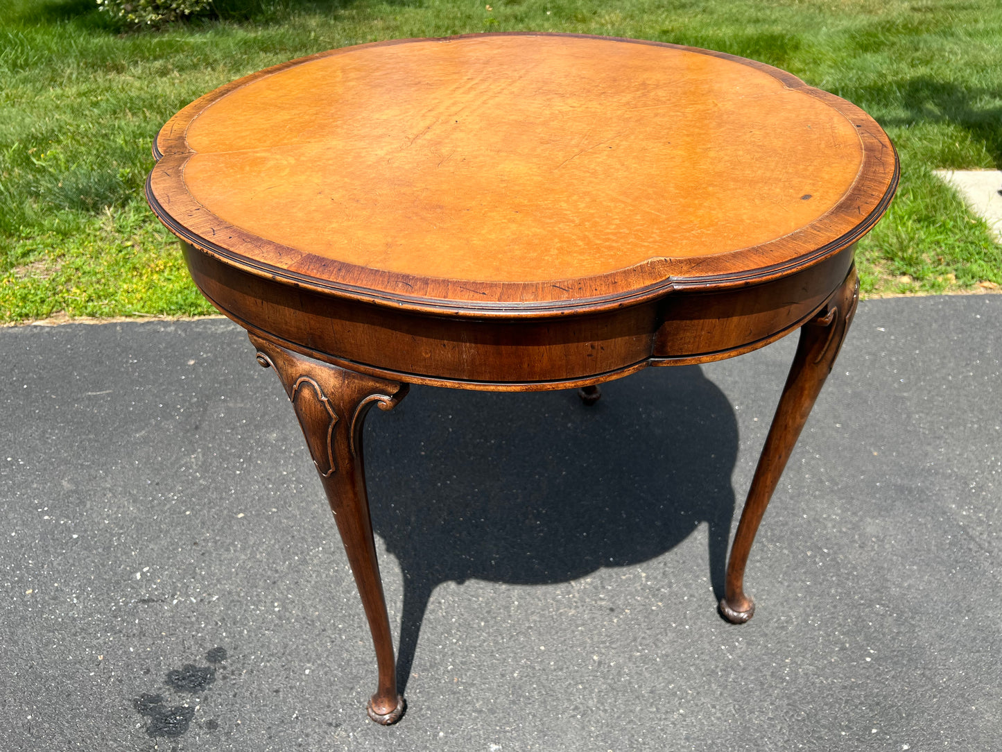 Antique Clover Shaped Queen Anne Mahogany Leather Top End Table