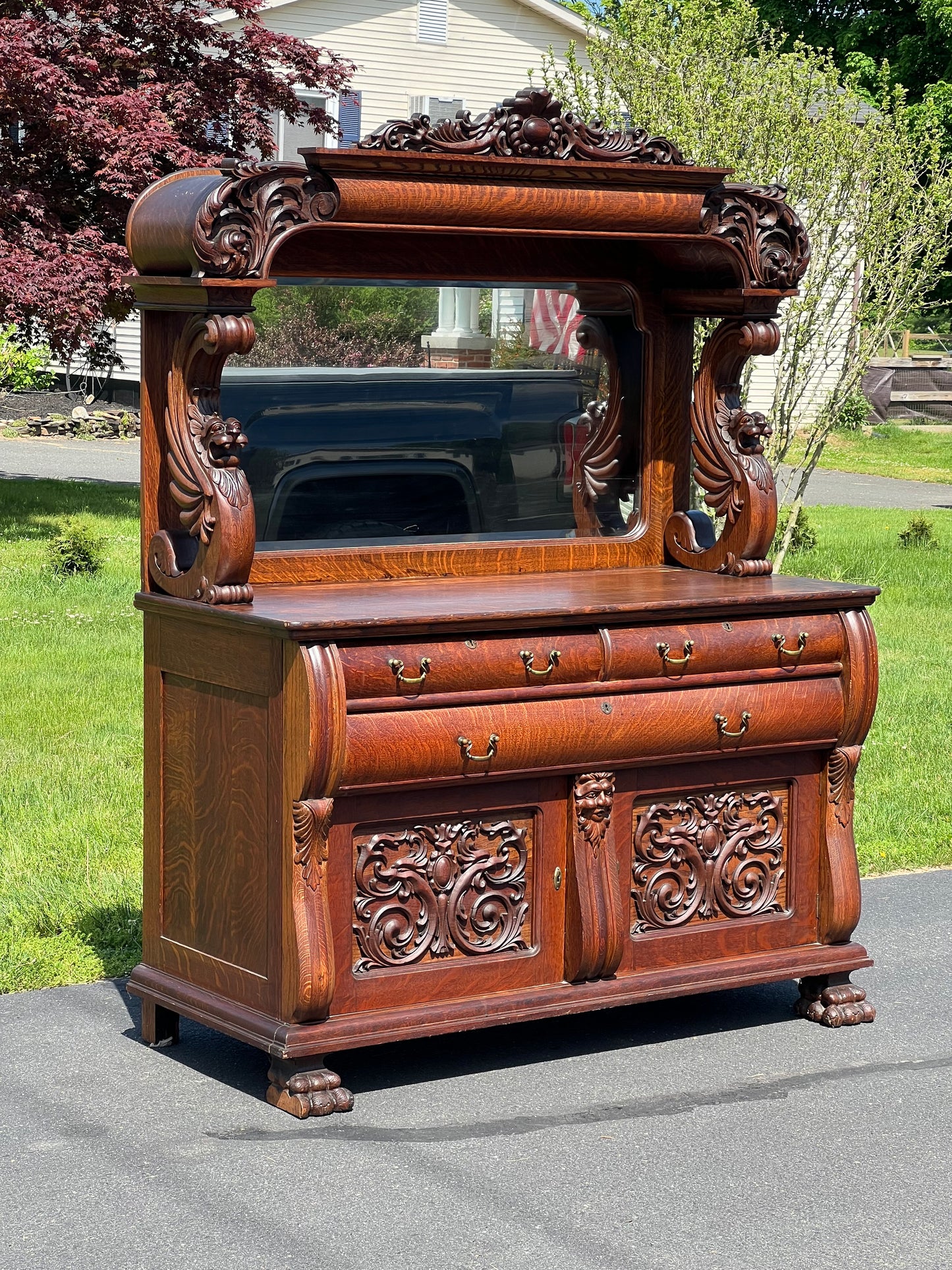 Antique R.J. Horner Style Victorian Tiger Oak Sideboard