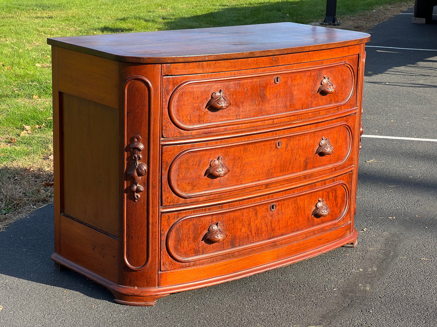 Antique Victorian Curly Walnut Bow Front Three Drawer Chest c. 1870