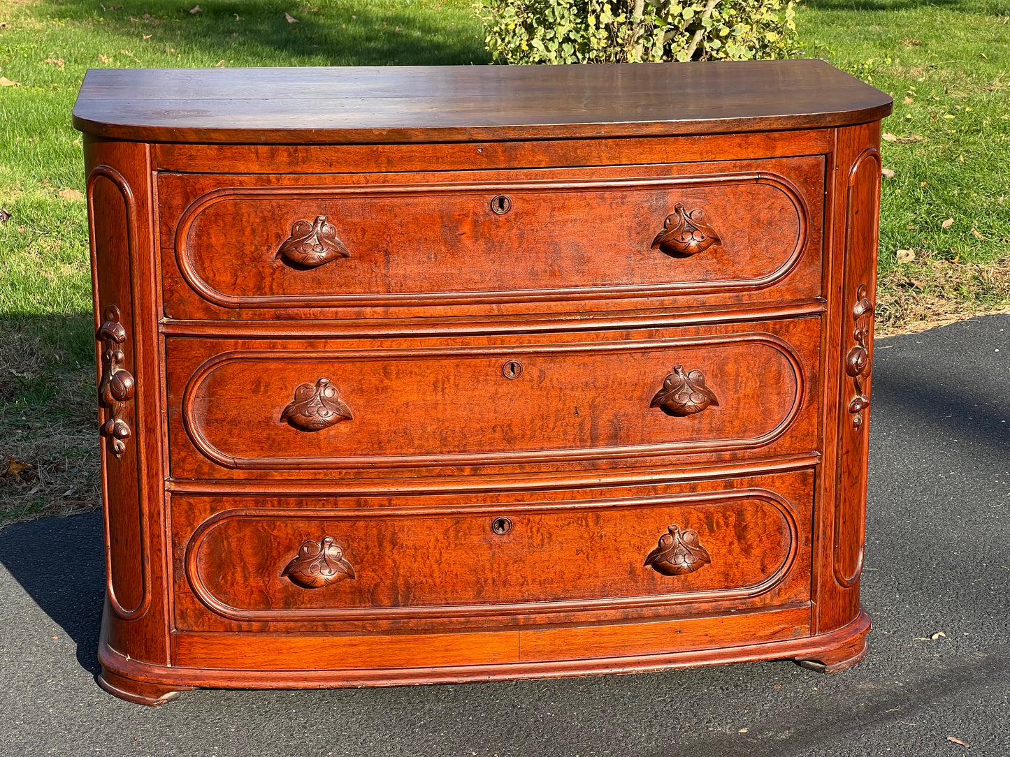 Antique Victorian Curly Walnut Bow Front Three Drawer Chest c. 1870