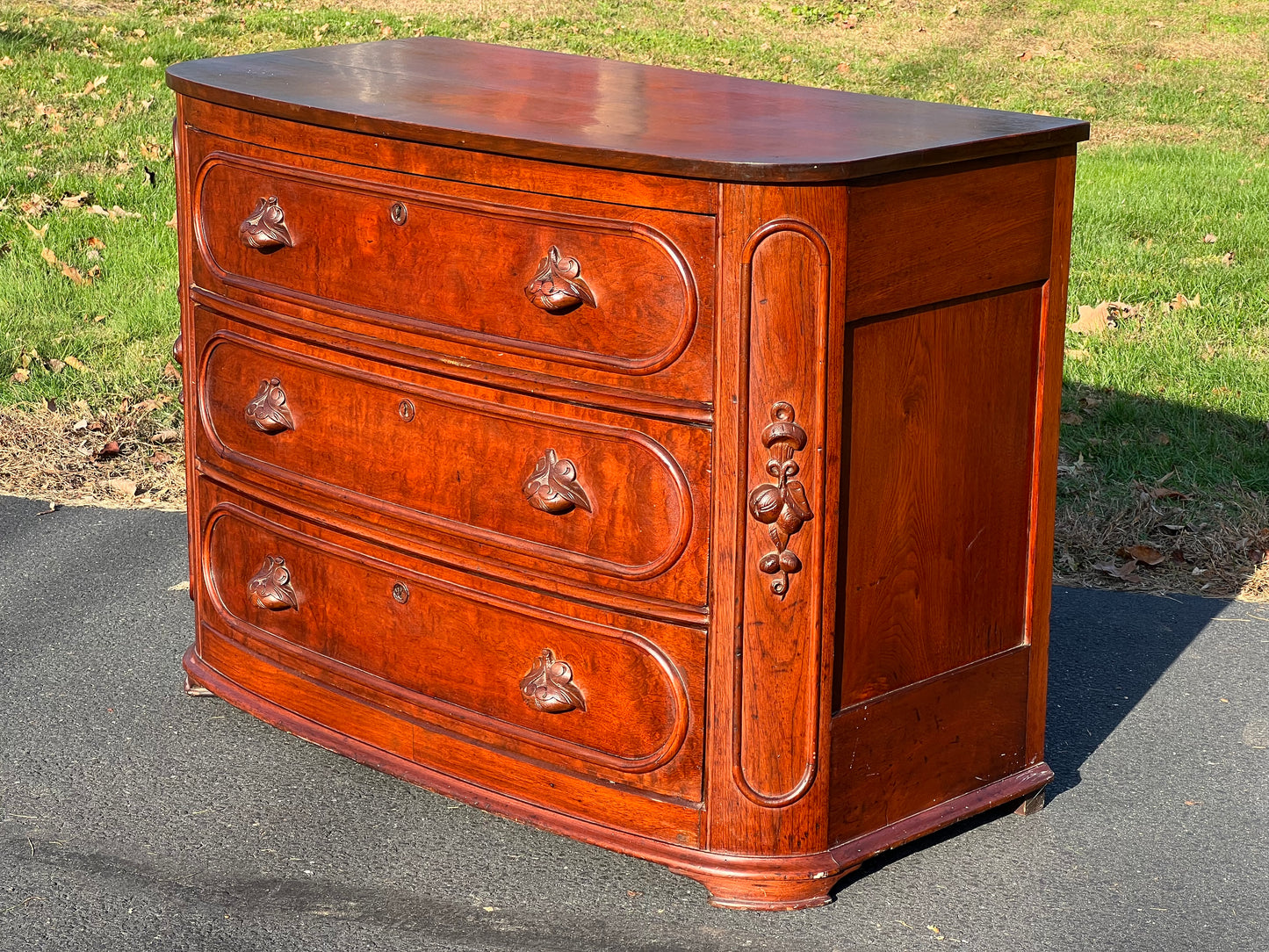 Antique Victorian Curly Walnut Bow Front Three Drawer Chest c. 1870