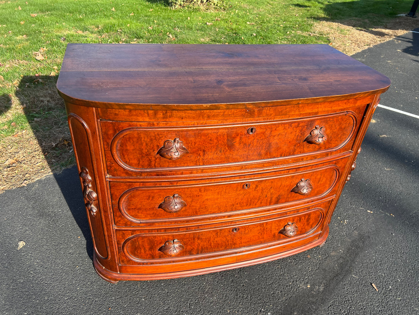 Antique Victorian Curly Walnut Bow Front Three Drawer Chest c. 1870