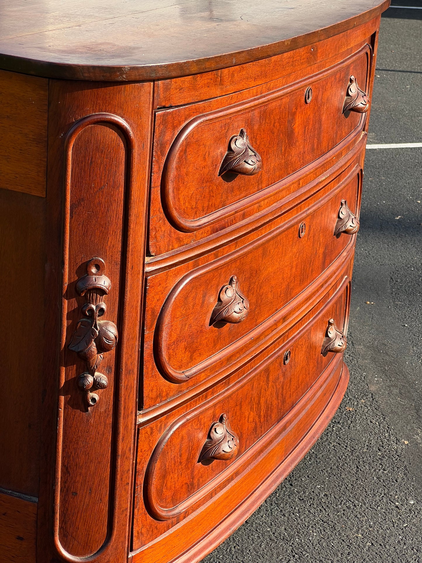 Antique Victorian Curly Walnut Bow Front Three Drawer Chest c. 1870