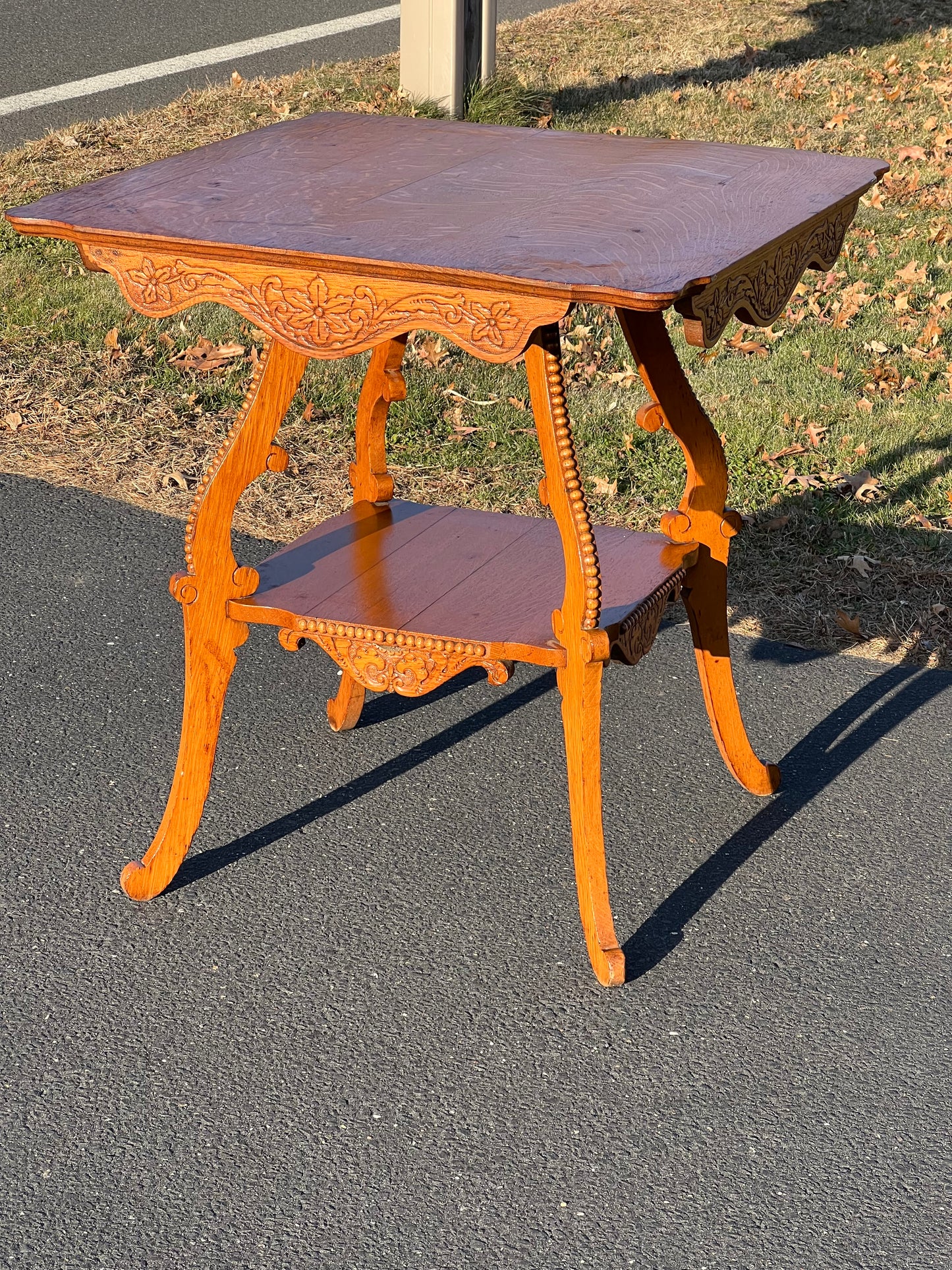 Antique Victorian Carved Tiger Oak End Table c. Late 1800s