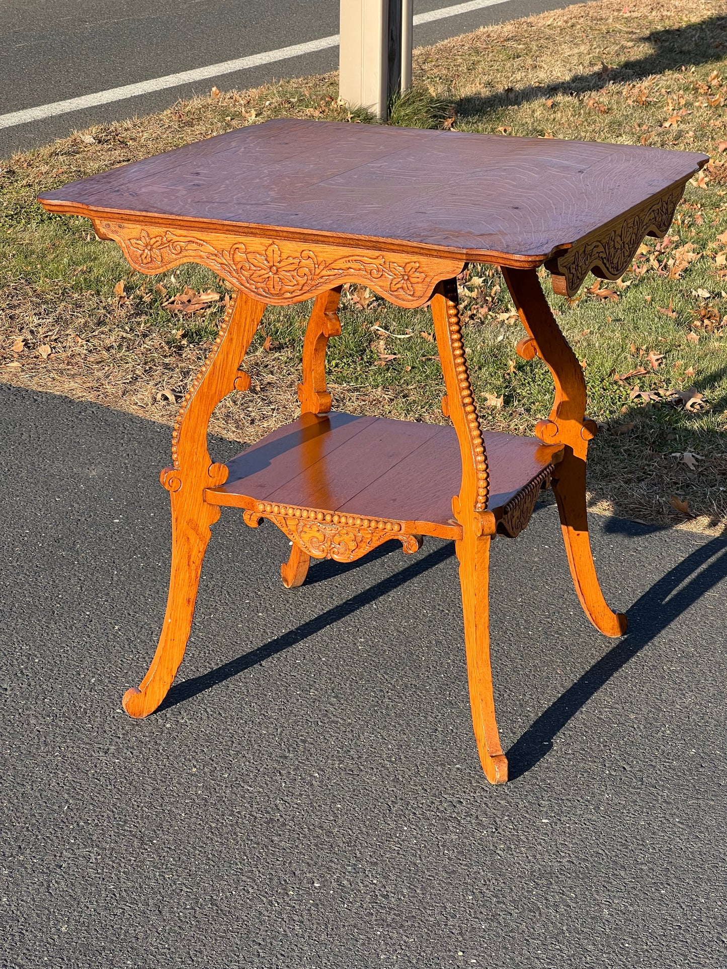 Antique Victorian Carved Tiger Oak End Table c. Late 1800s